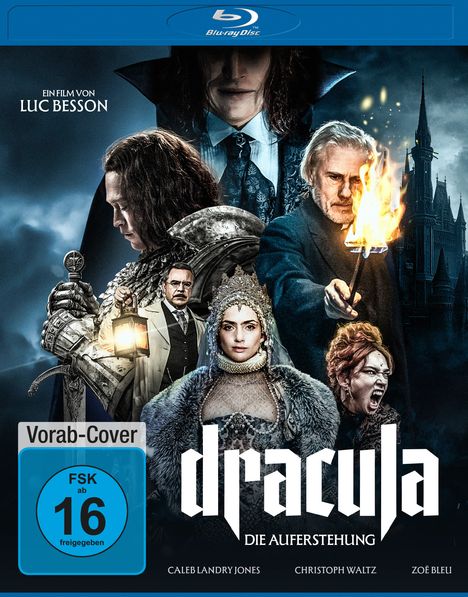 „Ein Film von Luc Besson“, „Dracula: Die Auferstehung“, „FSK ab 16“. Dunkle, dramatische Szene mit gotischem Schloss.