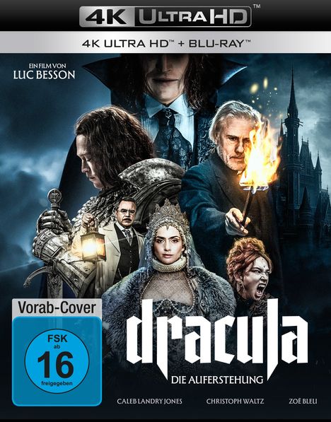 Vorab-Cover, 4K Ultra HD + Blu-ray, "Dracula: Die Auferstehung", FSK 16, Film von Luc Besson. Figuren mit düsterem Hintergrund.