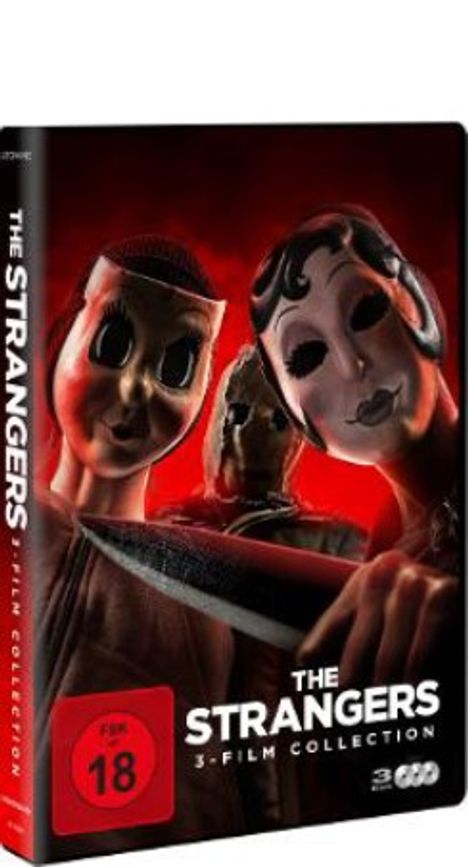 Text: "THE STRANGERS 3-Film Collection". Drei maskierte Figuren mit düsteren Masken, eine davon hält ein Messer.