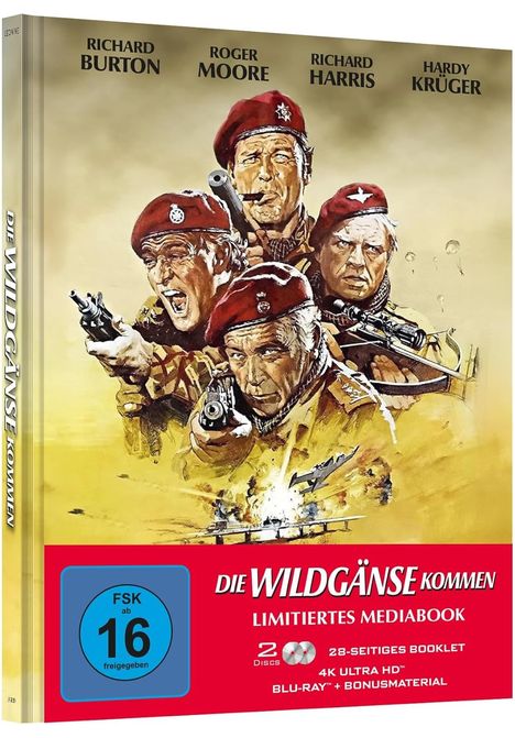 FSK 16, Die Wildgänse kommen, limitiertes Mediabook. Illustration von Soldaten mit Waffen und kampferprobtem Gesichtsausdruck.