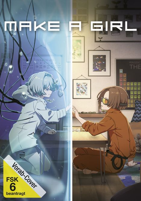 Titel "MAKE A GIRL". Links eine Figur in einem futuristischen Raum, rechts eine in einem gemütlichen Zimmer.