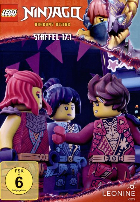 "LEGO Ninjago Dragons Rising Staffel 17.1" steht oben. Drei bunte LEGO-Figuren sind im Gespräch, daneben ist ein Logo.