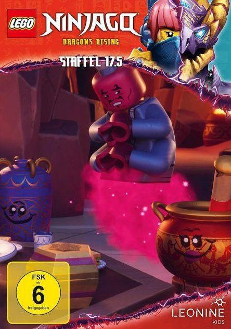 Logo der Serie "LEGO NINJAGO DRAGONS RISING Staffel 17.5", FSK 6. Eine animierte Szene mit LEGO-Figuren und magischen Töpfen.