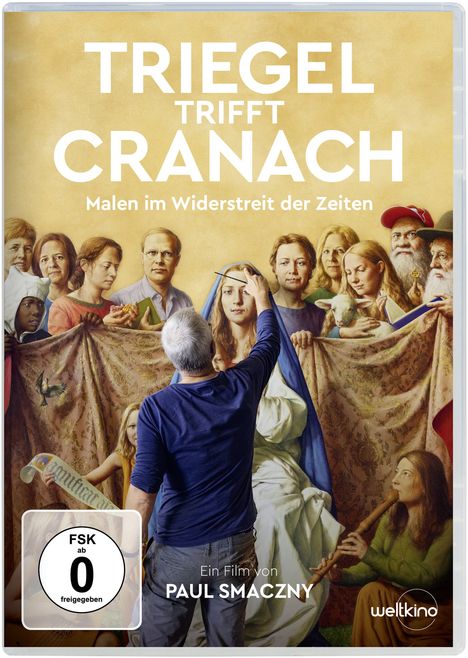 „TRIEGEL trifft CRANACH. Malen im Widerstreit der Zeiten.“ Ein Mann malt Figuren auf einem klassischen Kunstwerk.
