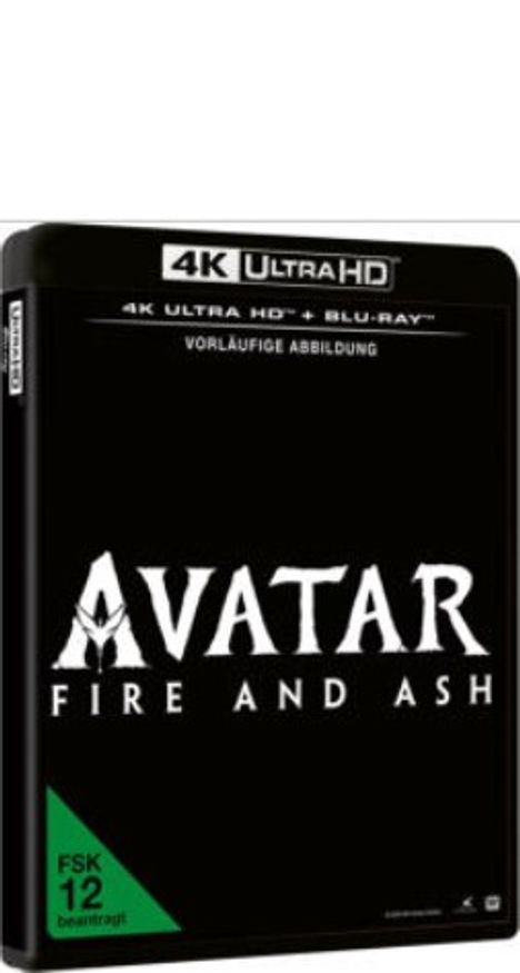 Text: "4K ULTRA HD", "AVATAR FIRE AND ASH", "VORLÄUFIGE ABBILDUNG", "FSK 12". Schwarzes DVD-Cover.
