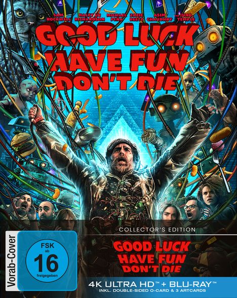 Große rote Schrift: "GOOD LUCK HAVE FUN DON'T DIE." Buntes, chaotisches Design mit Figuren und Skurrilem.