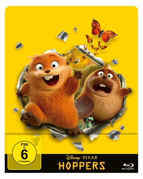 FSK ab 6 freigegeben. Disney Pixar Hoppers. Zwei fröhliche Nagetiere brechen durch Papier, mit flatternden orangefarbenen Schmetterlingen.