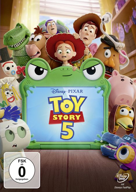 "Toy Story 5". Disney-Pixar. Figuren wie Cowboy, Astronaut, Dinosaurier und andere Spielzeuge blicken überrascht nach vorne.