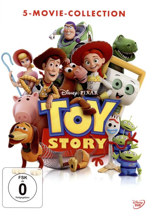 Text: "5-Movie-Collection", "Toy Story", "FSK ab 0 freigegeben". Figuren aus Toy Story lächeln und stehen dicht zusammen.
