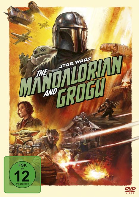 "The Mandalorian and Grogu". Ein mandalorianischer Krieger in Rüstung, Grogu, Raumschiffe und Action-Szenen. FSK 12.
