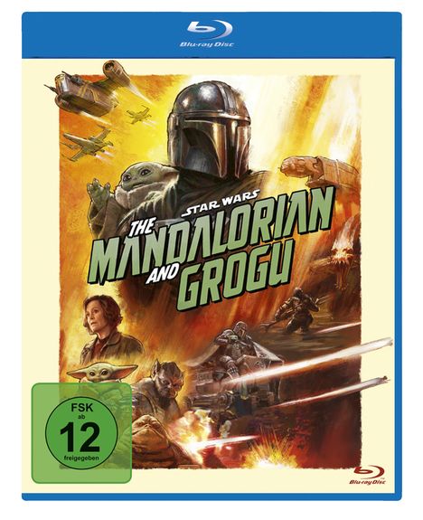 Illustration: "Star Wars: The Mandalorian and Grogu". Helmträger mit Kind, Raumschiffe und Action-Szenen, FSK 12.