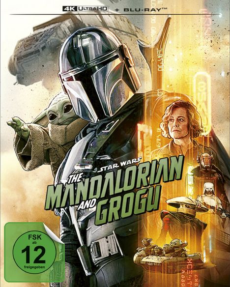 "STAR WARS: THE MANDALORIAN AND GROGU" und "FSK ab 12". Ein Mandalorianer mit Helm, Grogu und andere Figuren. Sci-Fi-Stil.