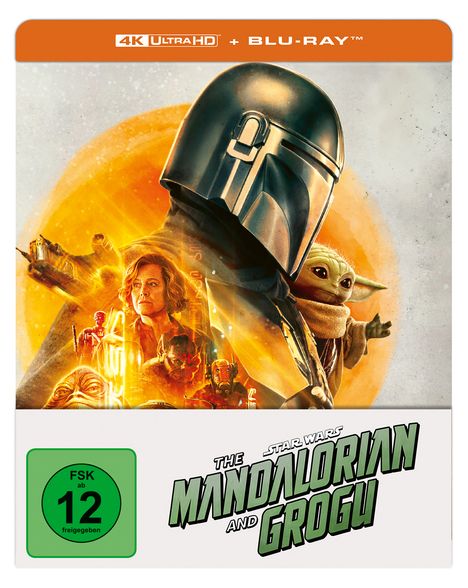 Oben steht "4K ULTRA HD + BLU-RAY", darunter "THE MANDALORIAN AND GROGU". Abgebildet sind ein Helmträger und eine grüne Figur.