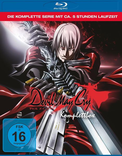 Text: "DIE KOMPLETTE SERIE MIT CA. 5 STUNDEN LAUFZEIT", "Devil May Cry Komplettbox", "FSK ab 16 freigegeben". Illustration: Ein Mann mit weißem Haar und Schwert.