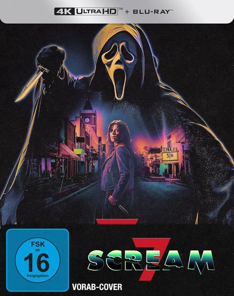 Text: "Scream 7", "Vorab-Cover", "FSK ab 16 freigegeben". Illustration: Maskierter Mensch mit Messer über Stadtansicht.