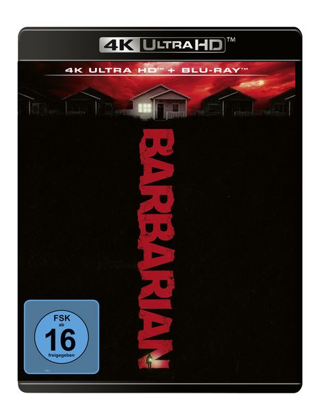 "4K ULTRA HD", "BLU-RAY", "BARBARIAN"; düstere Szenerie mit beleuchtetem Haus; FSK 16 Siegel unten links.