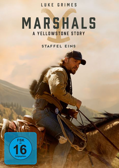 "Luke Grimes Marshals: A Yellowstone Story Staffel Eins." Ein Mann reitet auf einem Pferd, umgeben von hügeliger Landschaft.