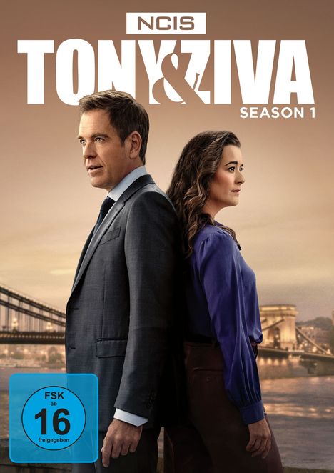 "NCIS TONY & ZIVA SEASON 1" stehen Rücken an Rücken, Hintergrund: Brücke bei Sonnenuntergang, FSK 16 Hinweis.