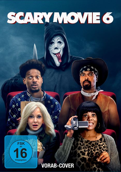 „SCARY MOVIE 6“, darunter „FSK ab 16 freigegeben“ und „VORAB-COVER“. Personen in Kinositzen, eine mit Kamera.