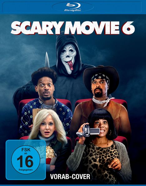 Text: "SCARY MOVIE 6", "FSK ab 16 freigegeben", "VORAB-COVER". Mehrere Personen in Kinosesseln, eine mit Ghostface-Maske.