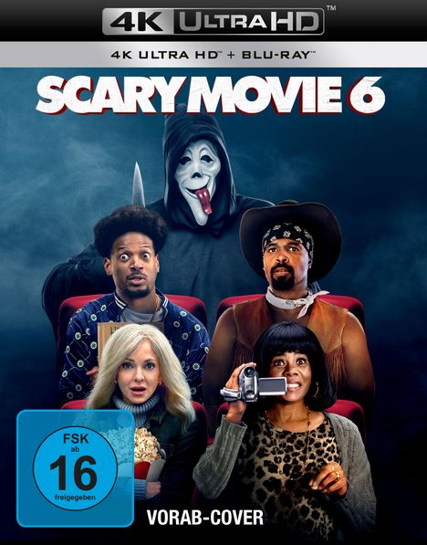Text: "4K ULTRA HD + BLU-RAY, SCARY MOVIE 6, FSK ab 16 freigegeben, VORAB-COVER." Darunter vier erschrockene Personen.