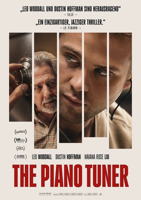 „Leo Woodall und Dustin Hoffman sind herausragend“ - ELLE. Filmplakat von „The Piano Tuner“ mit vier Porträtstreifen.