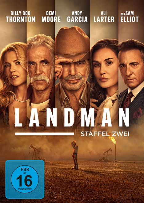 Darauf steht FSK 16, LANDMAN, Staffel Zwei. Gesichter von fünf Menschen sind abgebildet, darunter eine Landschaft mit Ölbohren.