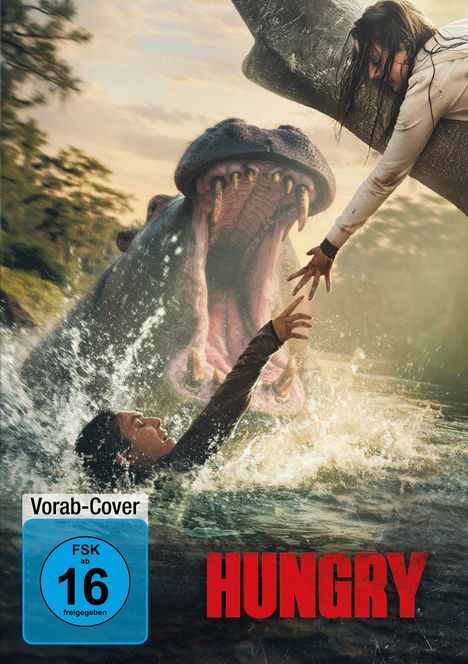 Text: "Vorab-Cover", "FSK ab 16 freigegeben", "HUNGRY". Ein riesiges Nilpferd öffnet sein Maul im Wasser. Zwei Menschen in Gefahr.