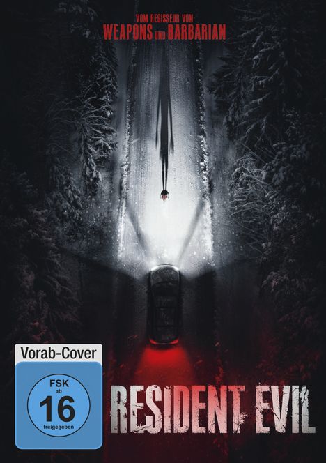 Text: "Vom Regisseur von Weapons und Barbarian" und "Resident Evil". Verschneite Straße, Auto, lange Schatten.