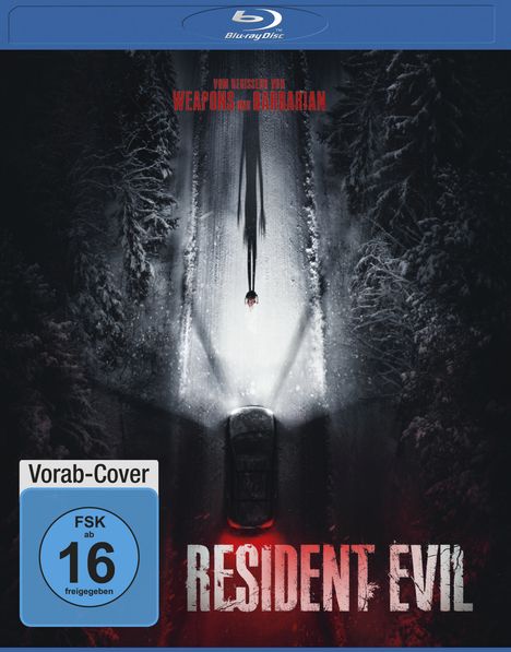 „Vorab-Cover“, „FSK ab 16 freigegeben“, „Resident Evil“. Ein Auto fährt auf einer verschneiten Straße durch den Wald.