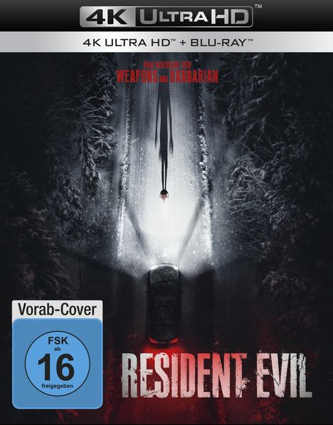 Text: "4K ULTRA HD", "BLU-RAY", "VOM REGISSEUR VON WEAPONS UND BARBARIAN", "RESIDENT EVIL", "Vorab-Cover", "FSK ab 16".  
Scene: Eine dunkle Straße im Wald mit Auto und Schatten.