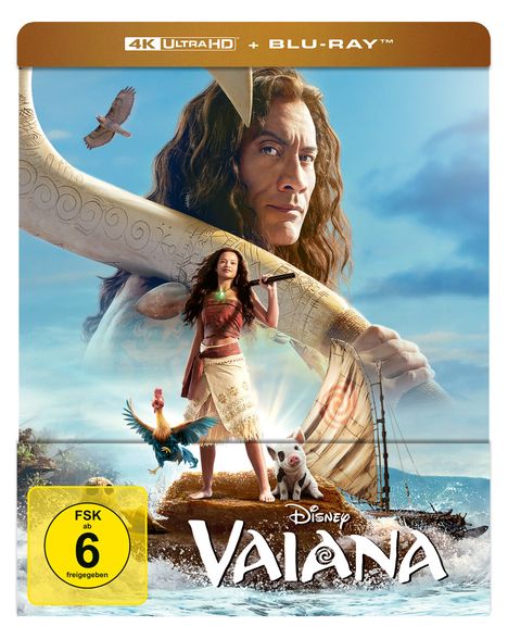 "4K Ultra HD + Blu-ray. FSK ab 6 freigegeben. Disney Vaiana. Illustration eines Mädchens auf einem Floß mit Tieren."
