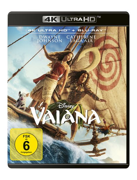 Text: „4K Ultra HD™, Blu-ray™, Dwayne Johnson, Catherine Laga'aia, Disney Vaiana, FSK ab 6 freigegeben.“  
Illustration: Personen auf einem Floß mit Segel.