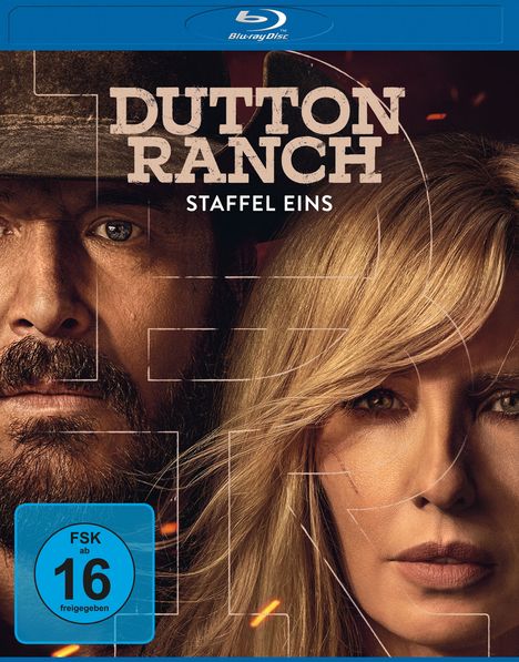 Text: „Dutton Ranch“, „Staffel Eins“, „FSK ab 16 freigegeben“. Zwei Personen, eine mit Hut, die andere mit langen blonden Haaren.