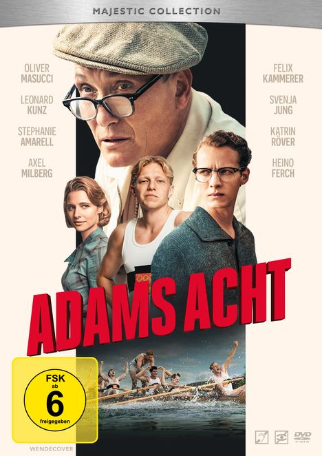 Titel "ADAMS ACHT", Schauspielernamen, FSK 6. Filmplakat mit mehreren Personen, darunter eine Rudermannschaft.