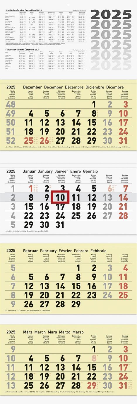 Brunnen 1070214105 4-Monatskalender (2025)| 1 Blatt = 1 Monat| 320 × 165 mm| 12 Blatt, Kalender