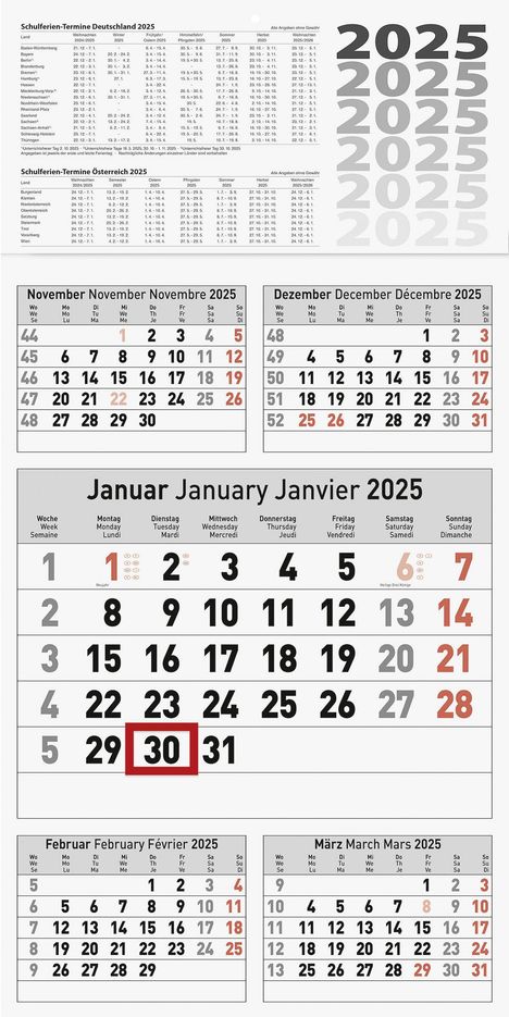 Brunnen 1070281005 5-Monatskalender (2025)| 1 Blatt = 5 Monate| 300 × 450 mm, Kalender