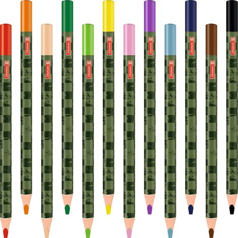 Ein Set von Buntstiften in verschiedenen Farben mit der Aufschrift „DRAWVER“ auf jedem Stift.