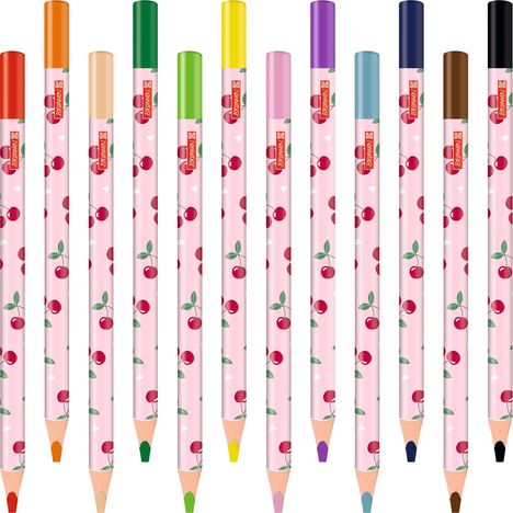 Bleistifte mit "EXAM" Etikett, rosa mit Kirschen verziert, Spitzen in verschiedenen Farben von orange bis schwarz.