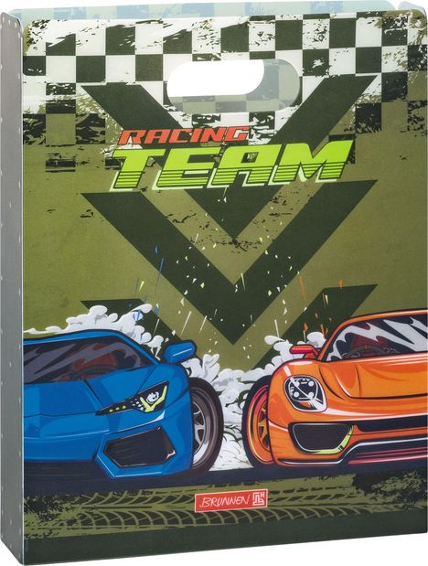 "Racing Team" in großen, auffälligen Buchstaben. Zwei sportliche Autos, eines blau, das andere orange, vor Karomuster.