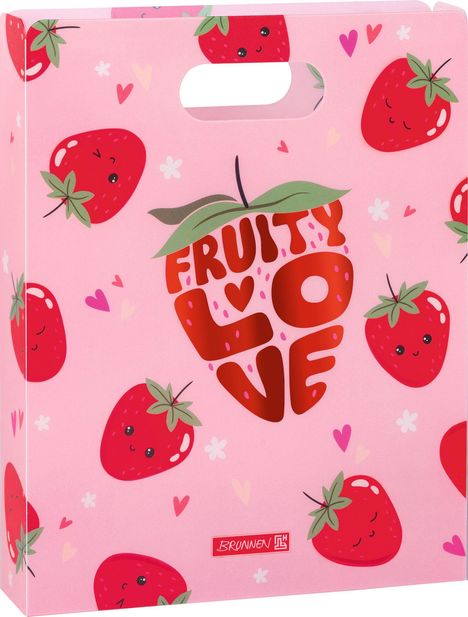 Text: "FRUITY LOVE". Hintergrund: Rosa mit lächelnden Erdbeeren und kleinen Herzen.