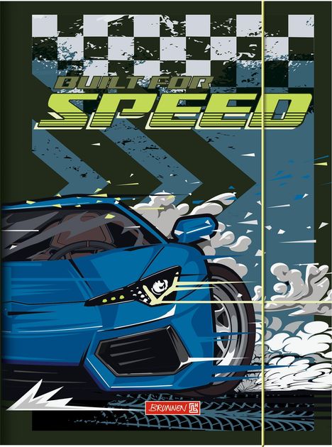 "Built for Speed" in grüner Schrift. Illustration eines blauen Sportwagens mit Reifenspuren und Rauch.