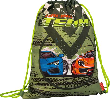 "Racing Team" in großen Buchstaben. Darunter zwei Rennautos, eines blau, das andere orange, auf einem grünen Hintergrund.