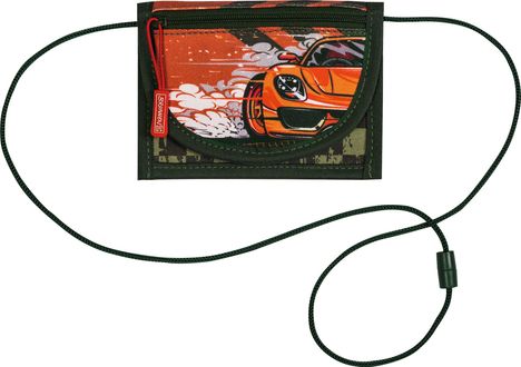 Text „BRUNNEN“ auf rotem Etikett; Illustration eines orangefarbenen Sportwagens mit Rauch und schwarz-grünem Hintergrund.