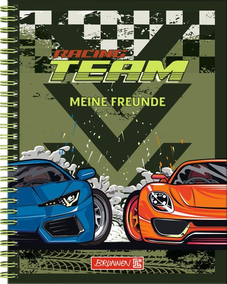 "RACING TEAM. MEINE FREUNDE" und unten "BRUNNEN". Zwei Sportwagen, links blau, rechts orange, auf grünem Hintergrund.