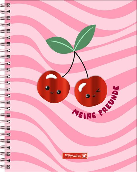 „MEINE FREUNDE“ steht um ein fröhliches Kirschpaar mit Gesicht auf welligem rosa Hintergrund, eine Illustration.