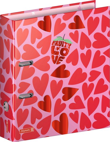 Text: "FRUITY LOVE". Design: Rote Herzen auf pinkem Hintergrund, ein Ordner mit metallischen Hebeln.