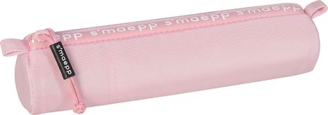 Ein rosa Federmäppchen mit dem Text "smaepp" in weiß. Zylinderförmig mit seitlichem Reißverschluss.