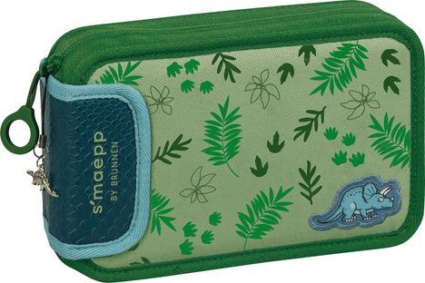 Text "smaepp by Brunnen". Ein grünes Etui mit Blattmuster und einem aufgenähten Dinosaurier.