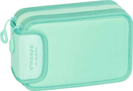 Türkise Schlamperbox mit zwei Reißverschlüssen und Aufschrift „smaepp by Brunnen“.
